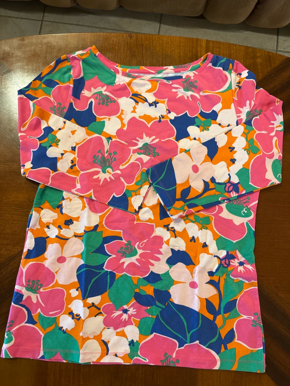 Talbots Women’s Pink, Orange & Blue Whimsical Floral 3/4-Sleeved Top